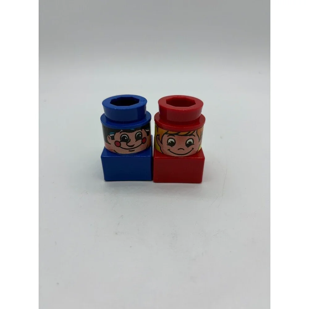 Lot of 2 Vtg Mega Blocks Cylindrical Head Brick Figures Boy Girl 1980s